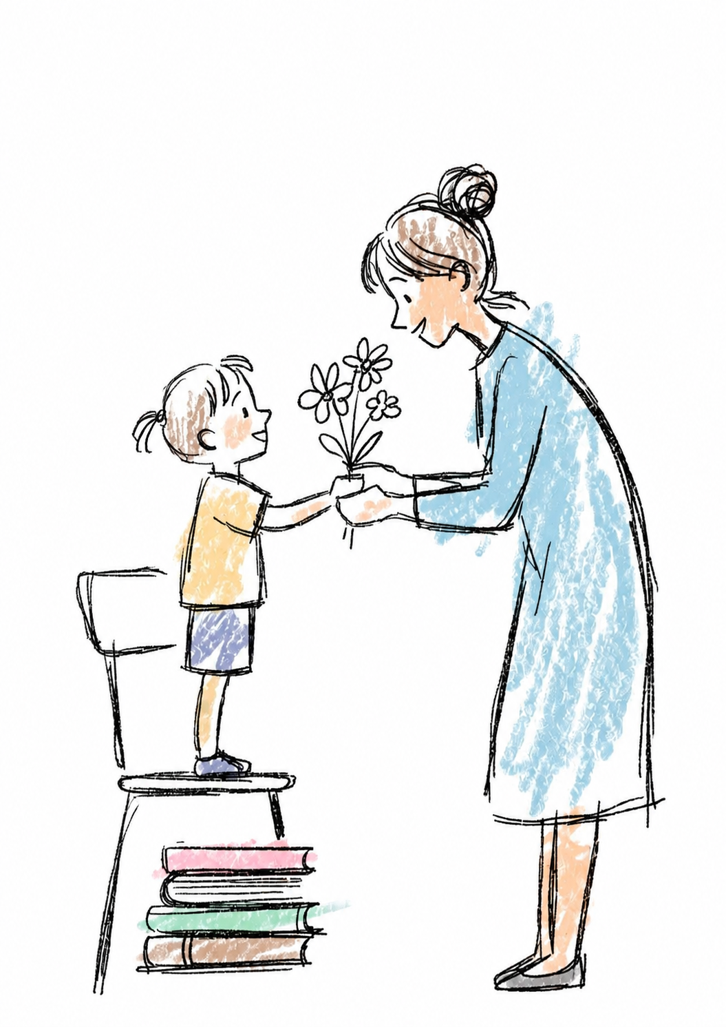 A hand-drawn illustration of a student giving flowers to a teacher